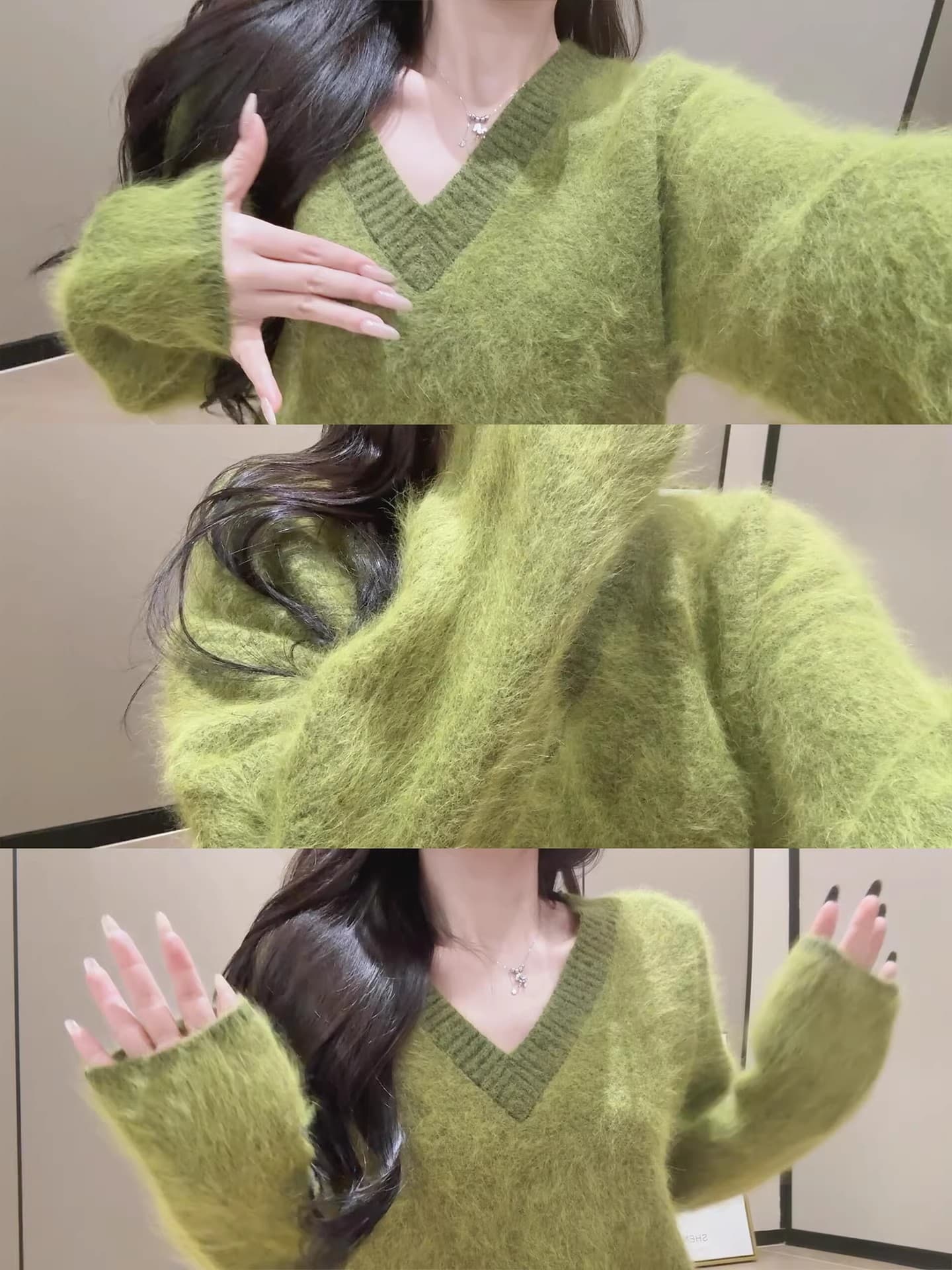 부드러운 찹쌀 우유 fufu 파란색 모헤어 V넥 스웨터 여자 가을 겨울 외출용 작은 키 루즈핏 느긋한 니트 맨위 상세 이미지 3