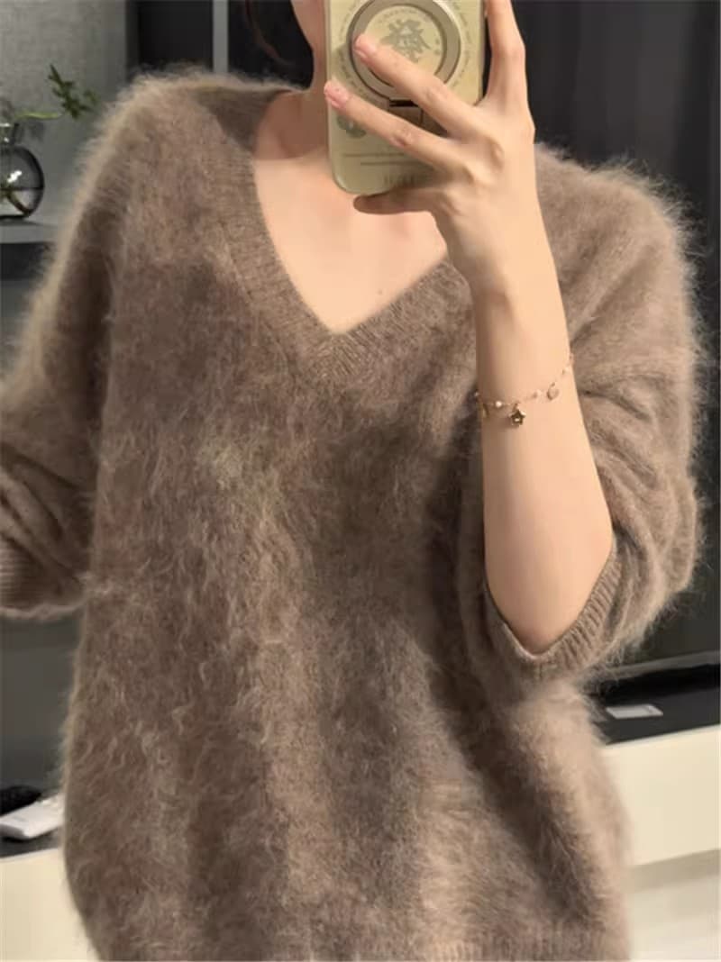 분위기 센스 느슨함 느긋한 바람 품격 부드러운 V넥 스웨터 여자 가을 겨울 털이 많은 부드러운 찹쌀 두꺼운 니트 맨위 상세 이미지 2