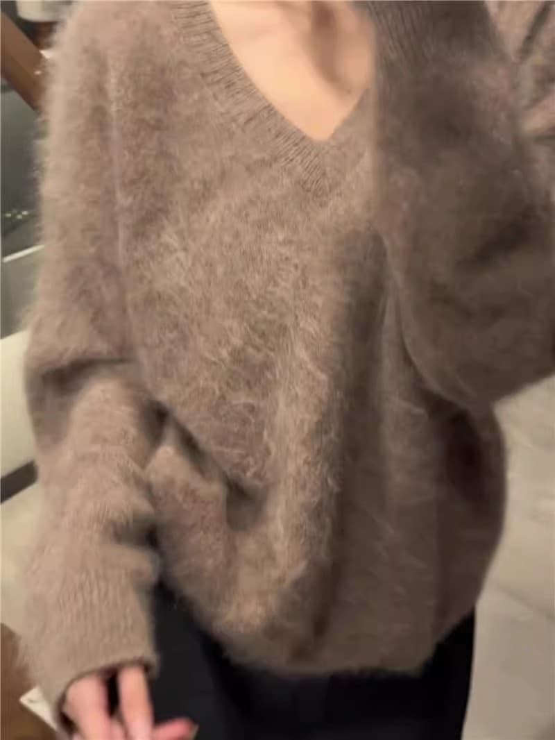 분위기 센스 느슨함 느긋한 바람 품격 부드러운 V넥 스웨터 여자 가을 겨울 털이 많은 부드러운 찹쌀 두꺼운 니트 맨위 상세 이미지 5