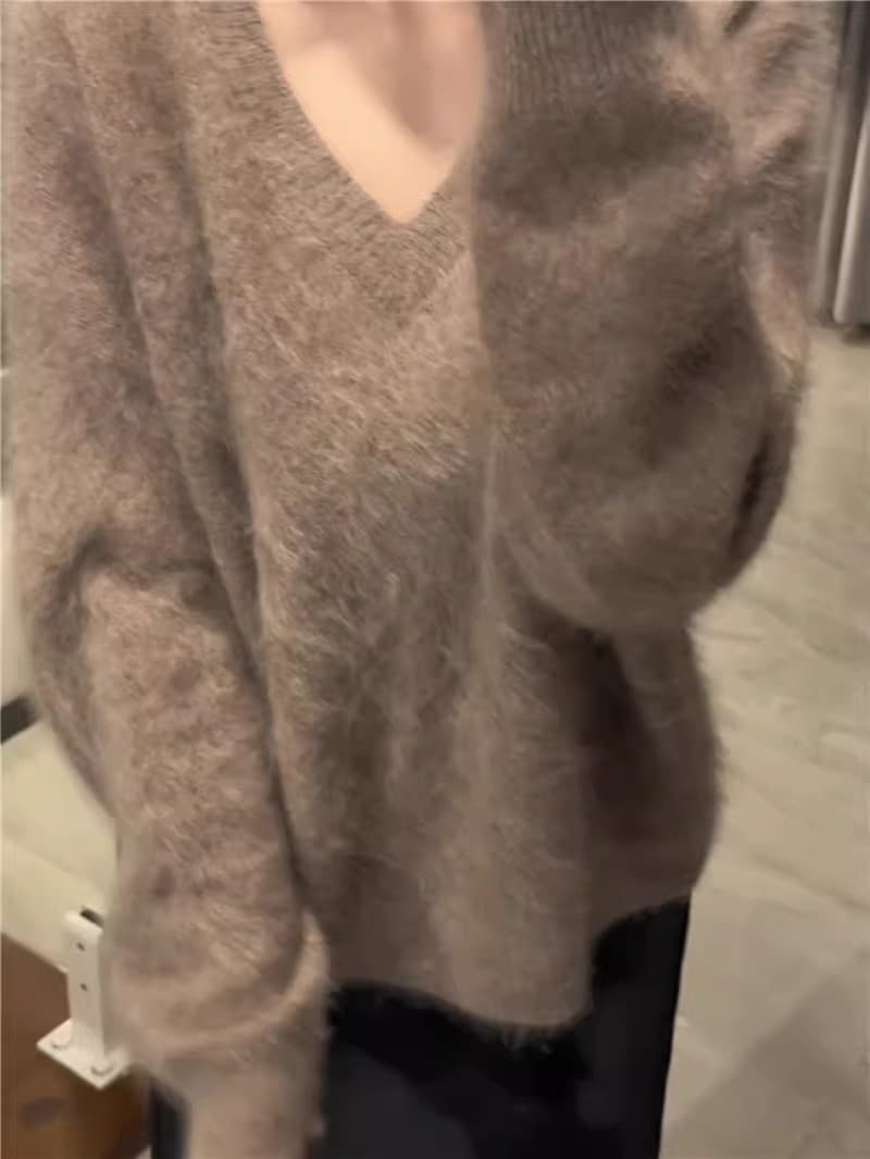 분위기 센스 느슨함 느긋한 바람 품격 부드러운 V넥 스웨터 여자 가을 겨울 털이 많은 부드러운 찹쌀 두꺼운 니트 맨위 상세 이미지 8