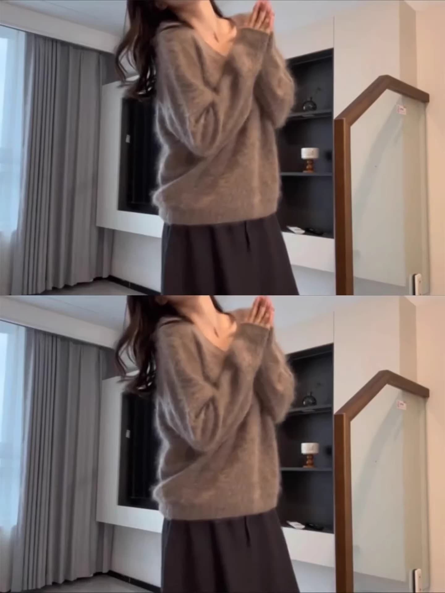 부드러운 찹쌀 우유 씽 하는 소리 커피 색상 모헤어 V넥 스웨터 여자 가을 겨울 느긋한 고급 센스 외출용 루즈핏 니트 맨위 상세 이미지 6