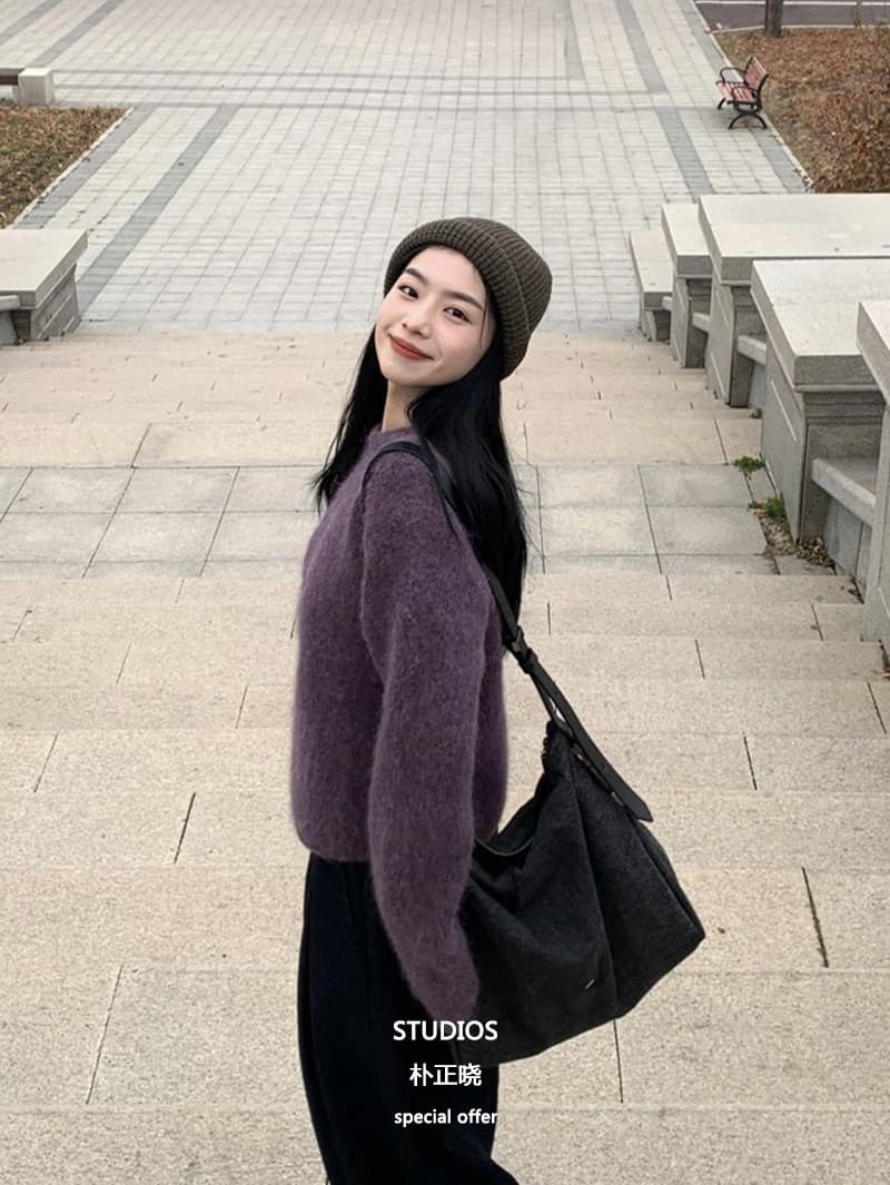 가을 겨울 새로운 느긋한 바람 부드러운 보라색 풀오버 부드러운 찹쌀 두꺼운 느슨함 고급 센스 모헤어 니트 스웨터 여성 이미지 3
