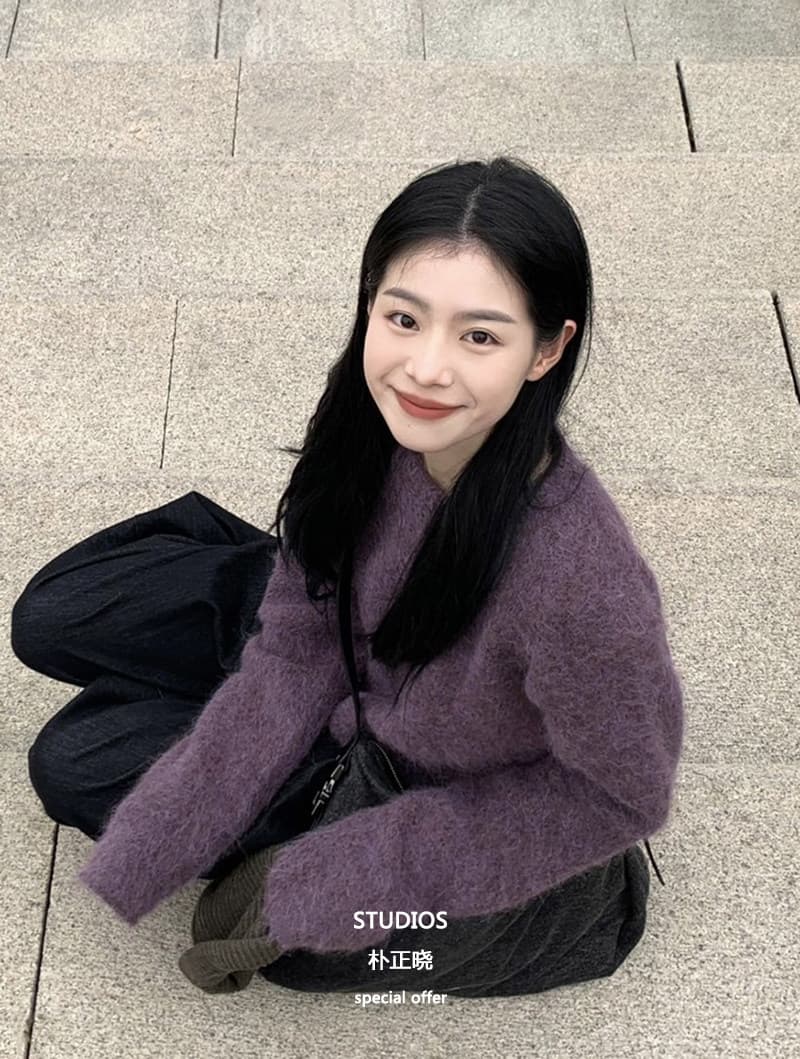 가을 겨울 새로운 느긋한 바람 부드러운 보라색 풀오버 부드러운 찹쌀 두꺼운 느슨함 고급 센스 모헤어 니트 스웨터 여성