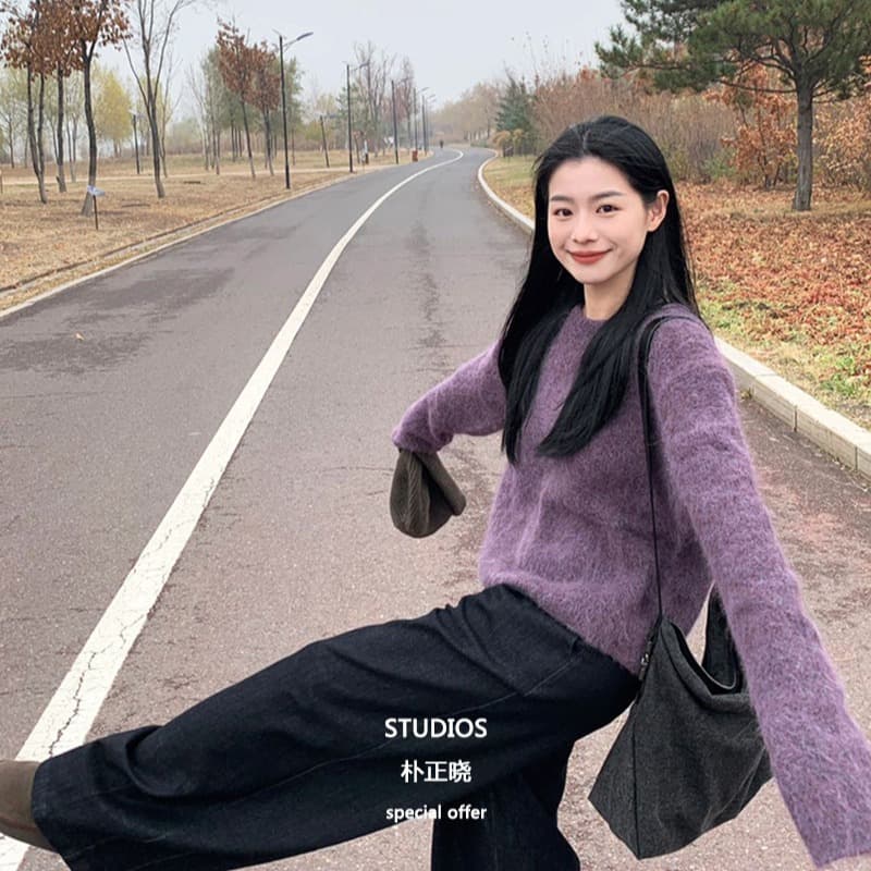 가을 겨울 새로운 느긋한 바람 부드러운 보라색 풀오버 부드러운 찹쌀 두꺼운 느슨함 고급 센스 모헤어 니트 스웨터 여성 이미지 5