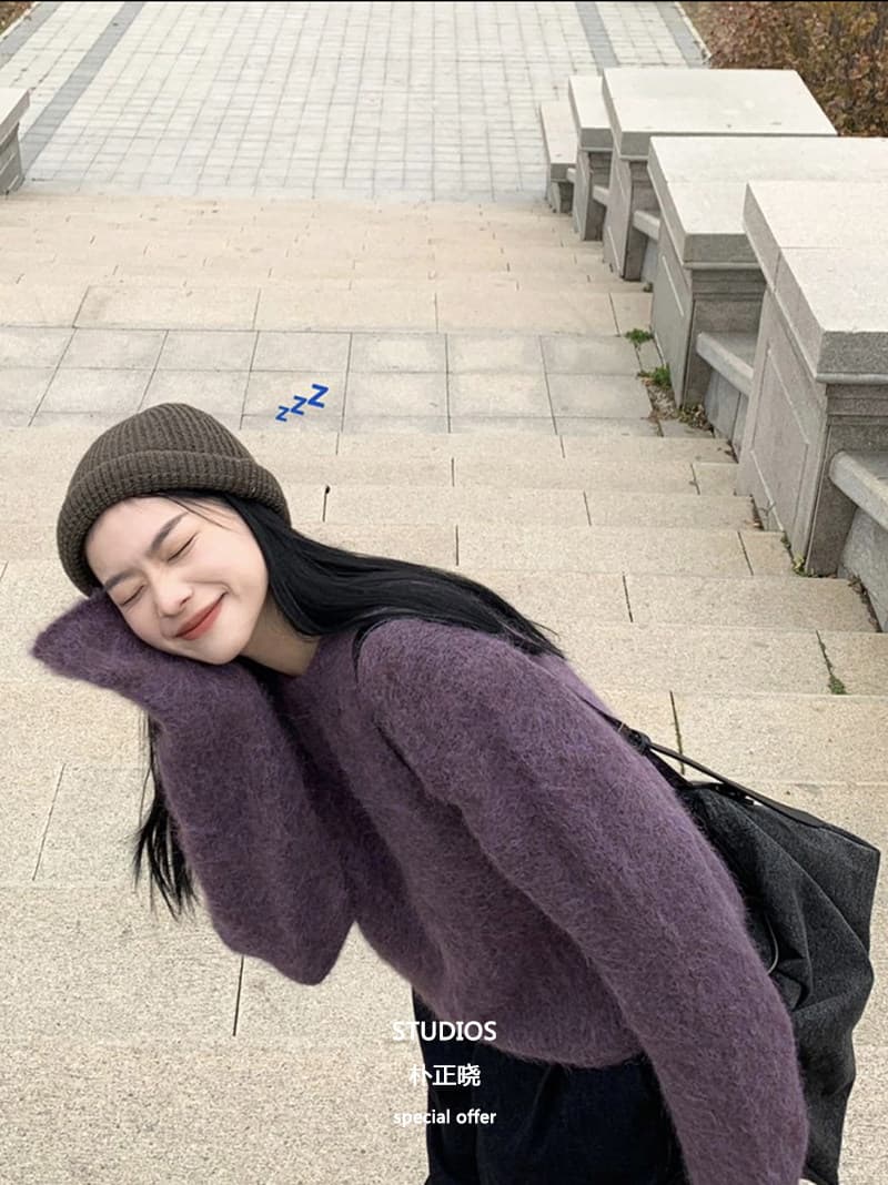 가을 겨울 새로운 느긋한 바람 부드러운 보라색 풀오버 부드러운 찹쌀 두꺼운 느슨함 고급 센스 모헤어 니트 스웨터 여성 상세 이미지 1