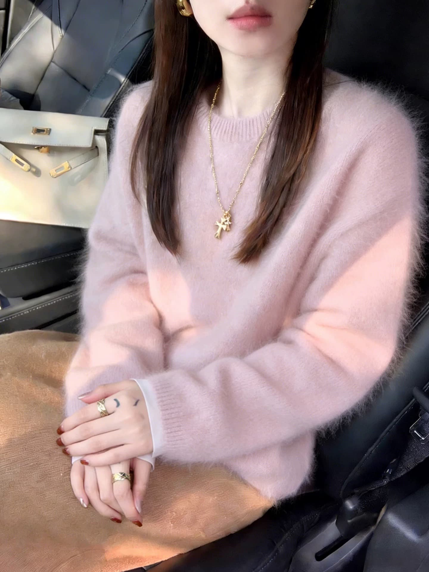핑크색 모헤어 자이언트 잘 생긴 다용도 스웨터 여자 겨울 한 부서 느긋한 바람 우유 fufu 부드러운 찹쌀 니트 스웨터 맨위 이미지 2