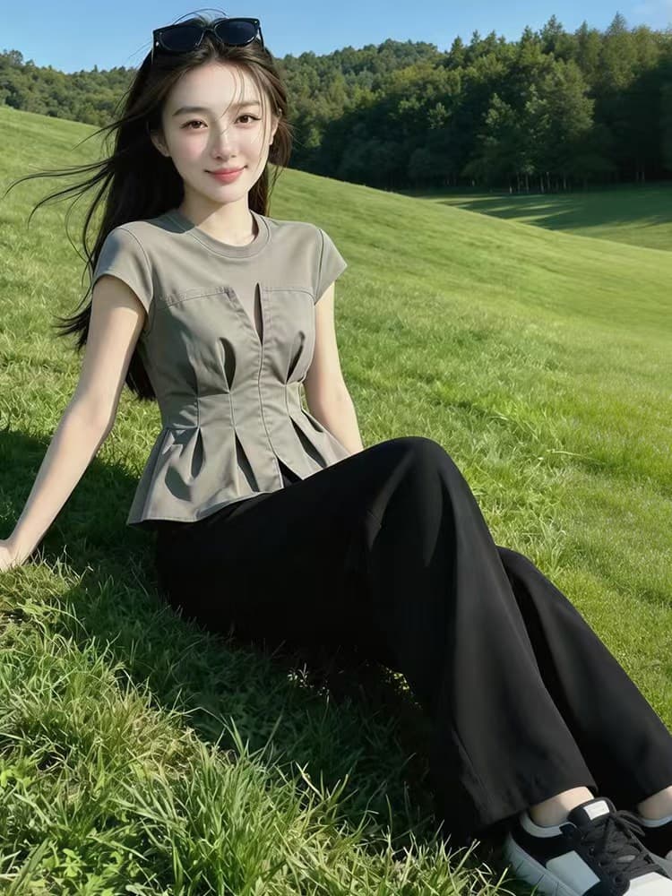 빅 사이즈 여성 의류 2026 여름 새로운 패션 페이크 레이어드 패치워크 반팔 티셔츠 여성 레저 외국 가스 다용도 맨위 이미지 3