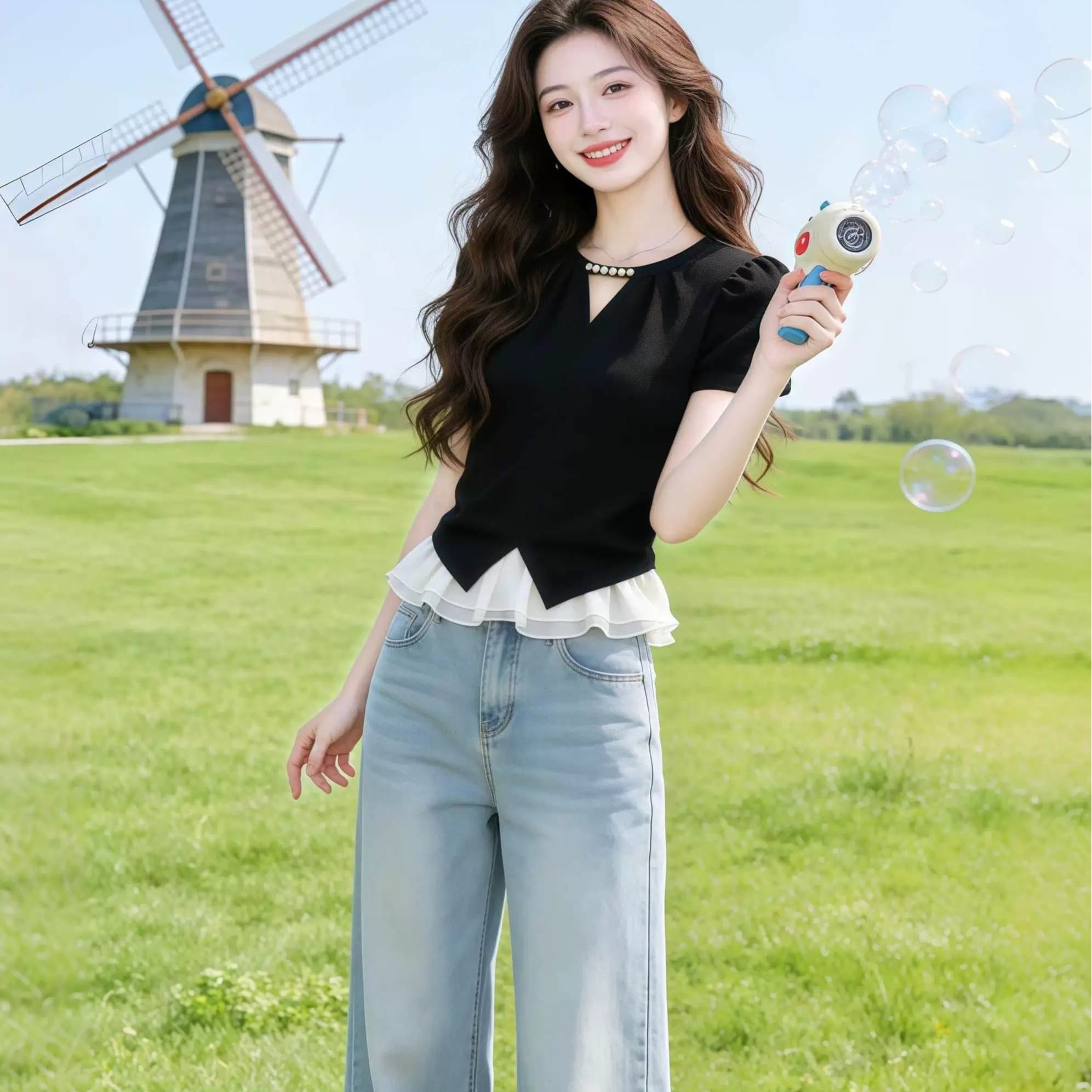 2026 여름 새로운 부드러운 한 부서 V넥 검정색 반팔 여성 레이스 조각 티셔츠 맨위 트렌드 이미지 6