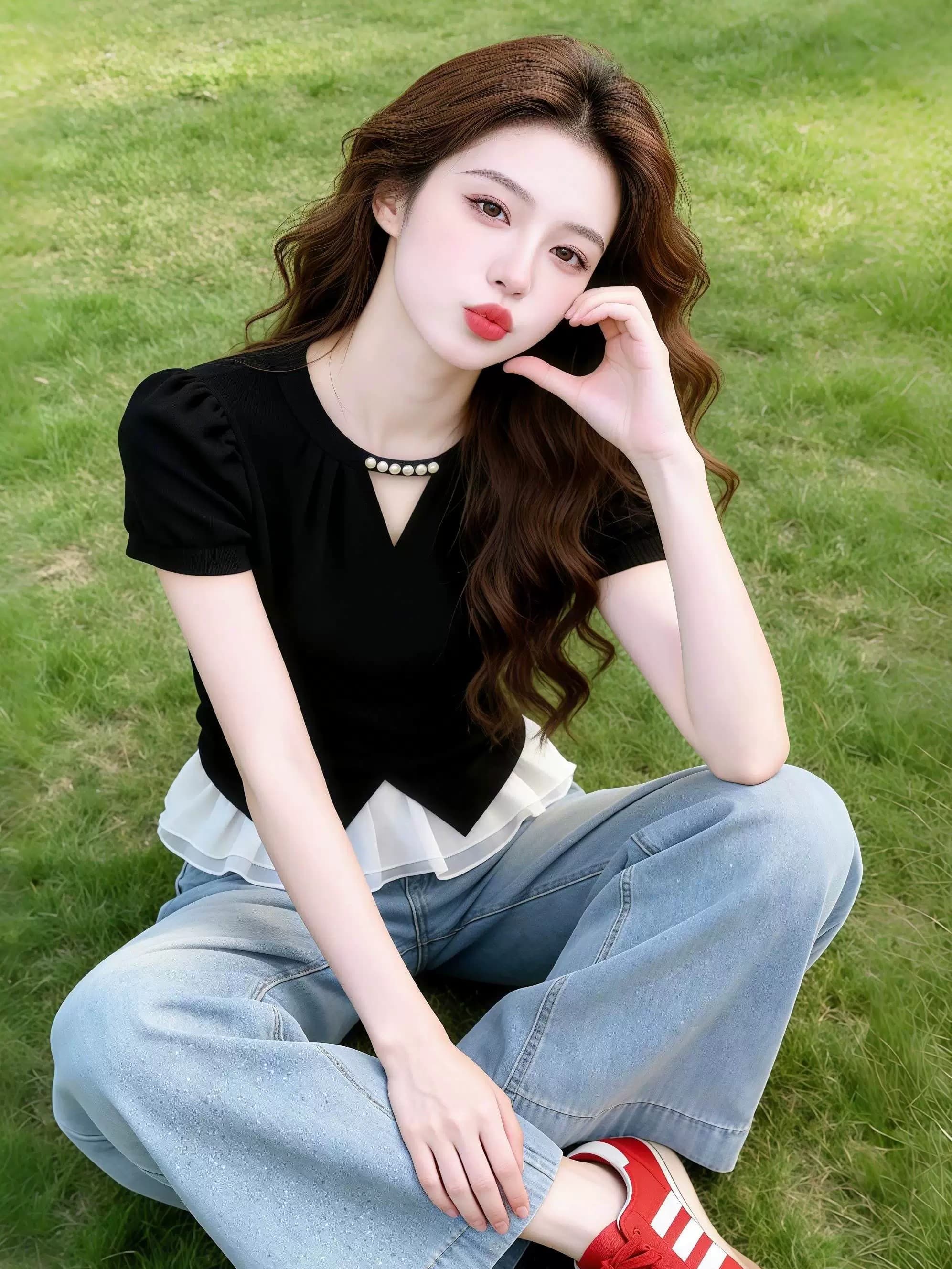 2026 여름 새로운 부드러운 한 부서 V넥 검정색 반팔 여성 레이스 조각 티셔츠 맨위 트렌드 상세 이미지 4