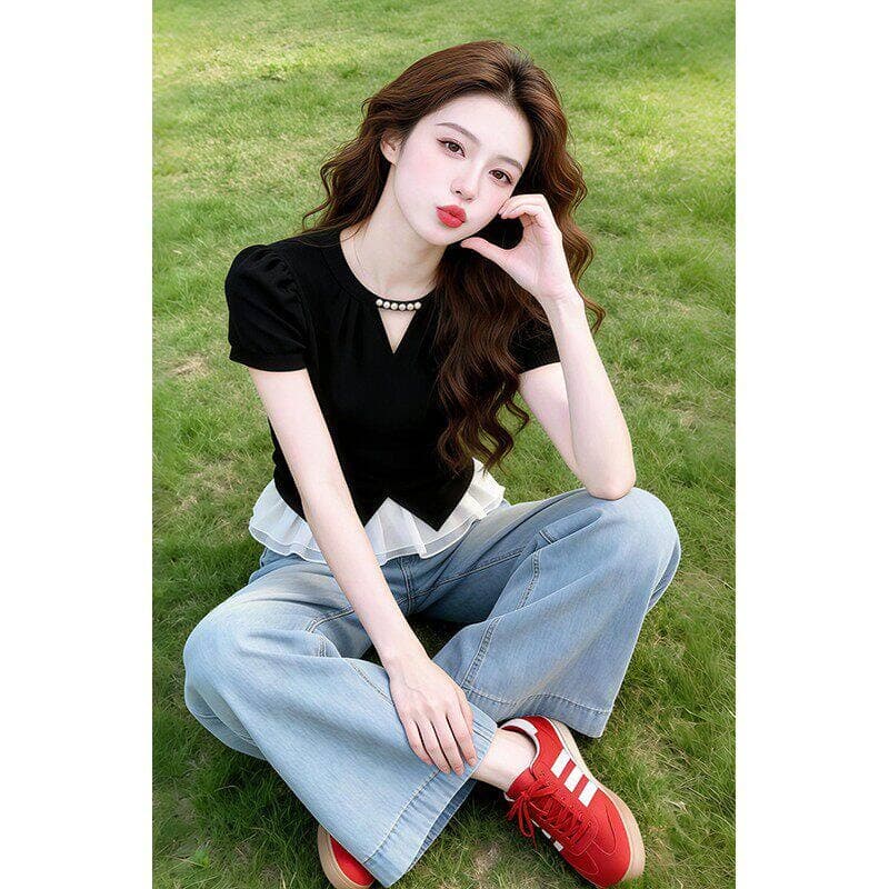 2026 여름 새로운 부드러운 한 부서 V넥 검정색 반팔 여성 레이스 조각 티셔츠 맨위 트렌드 이미지 5