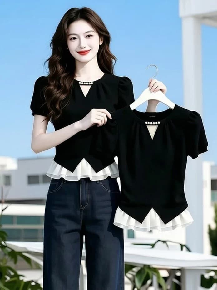 프랑스식 작은 샤넬 스타일 V넥 반팔 티셔츠 여성 2026 새로운 거품 소매 프릴 여름 아름다운 장난기 넘치는 맨위 이미지 2