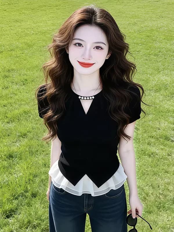프랑스식 작은 샤넬 스타일 V넥 반팔 티셔츠 여성 2026 새로운 거품 소매 프릴 여름 아름다운 장난기 넘치는 맨위 이미지 5