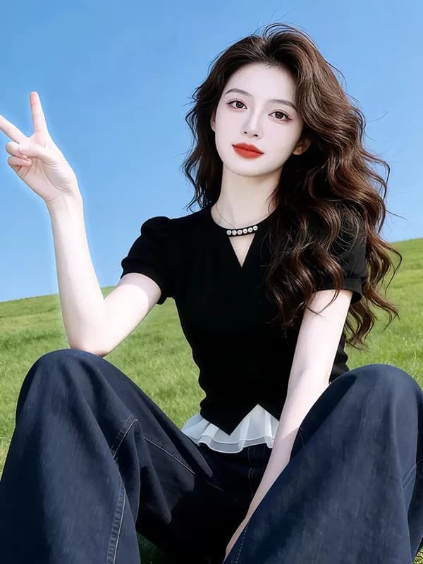 프랑스식 작은 샤넬 스타일 V넥 반팔 티셔츠 여성 2026 새로운 거품 소매 프릴 여름 아름다운 장난기 넘치는 맨위 상세 이미지 3