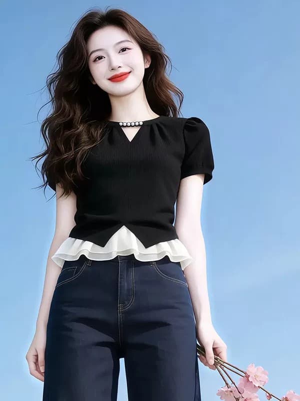 프랑스식 작은 샤넬 스타일 V넥 반팔 티셔츠 여성 2026 새로운 거품 소매 프릴 여름 아름다운 장난기 넘치는 맨위 상세 이미지 5