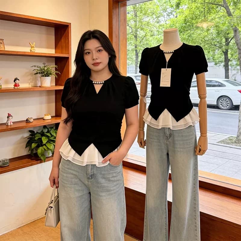 부드러운 바람 페이크 레이어드 긍정적 인 어깨 반팔 티셔츠 여성 2026 여름 새로운 지방 mm 외국 가스 순면 배색 패치워크 맨위 상세 이미지 2