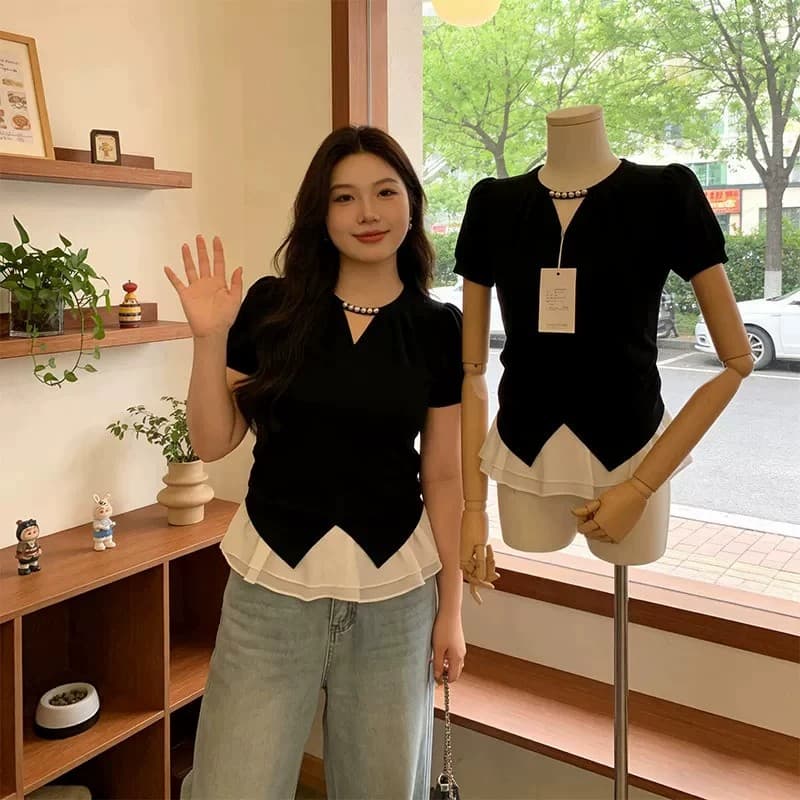 부드러운 바람 페이크 레이어드 긍정적 인 어깨 반팔 티셔츠 여성 2026 여름 새로운 지방 mm 외국 가스 순면 배색 패치워크 맨위 상세 이미지 5