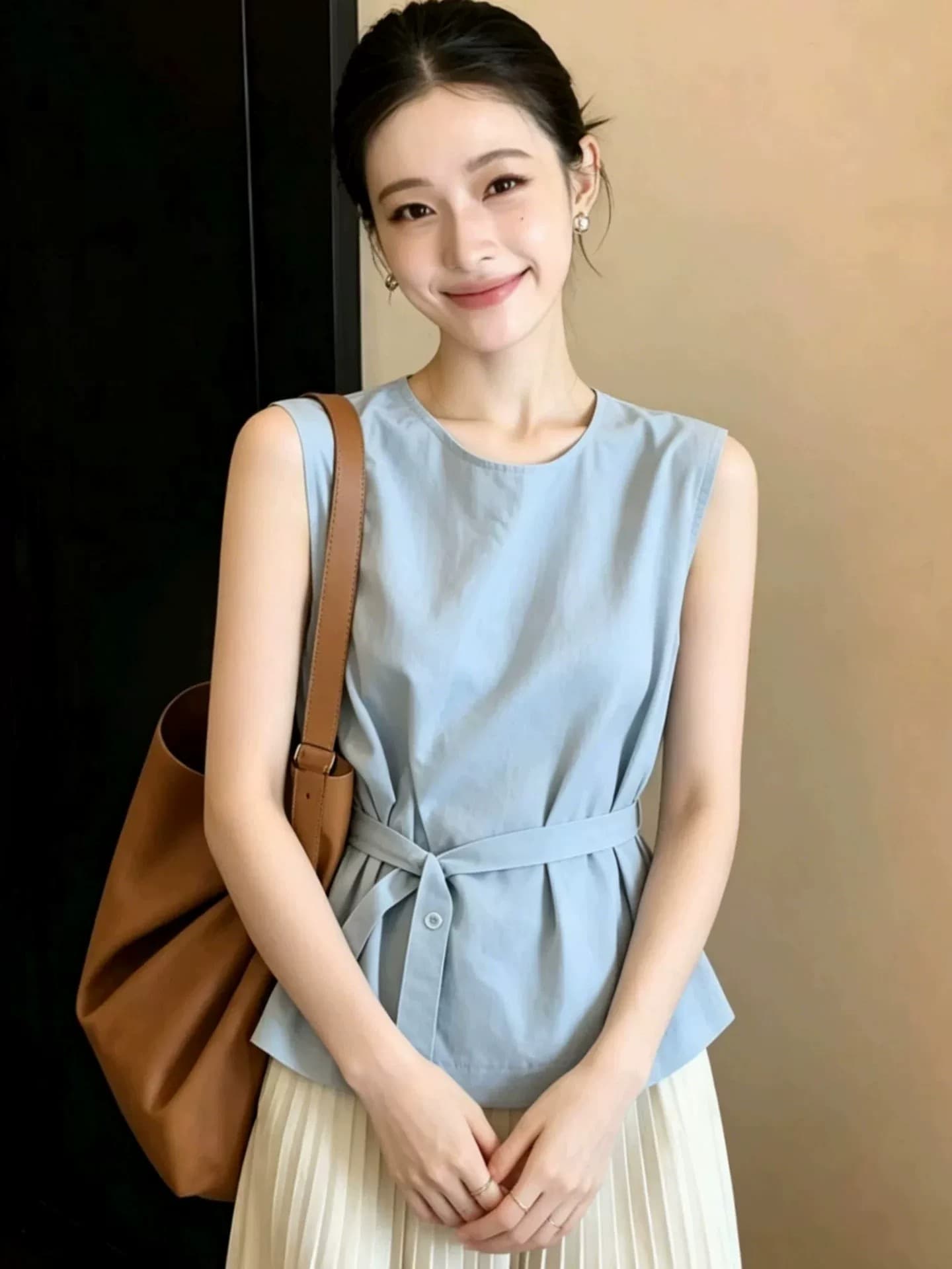 프랑스식 민소매 조끼 아마 셔츠 여자 2026 새로운 여름 작은 셔츠 자이언트 잘 생긴 디자인 센스 스트랩 맨위 상세 이미지 3