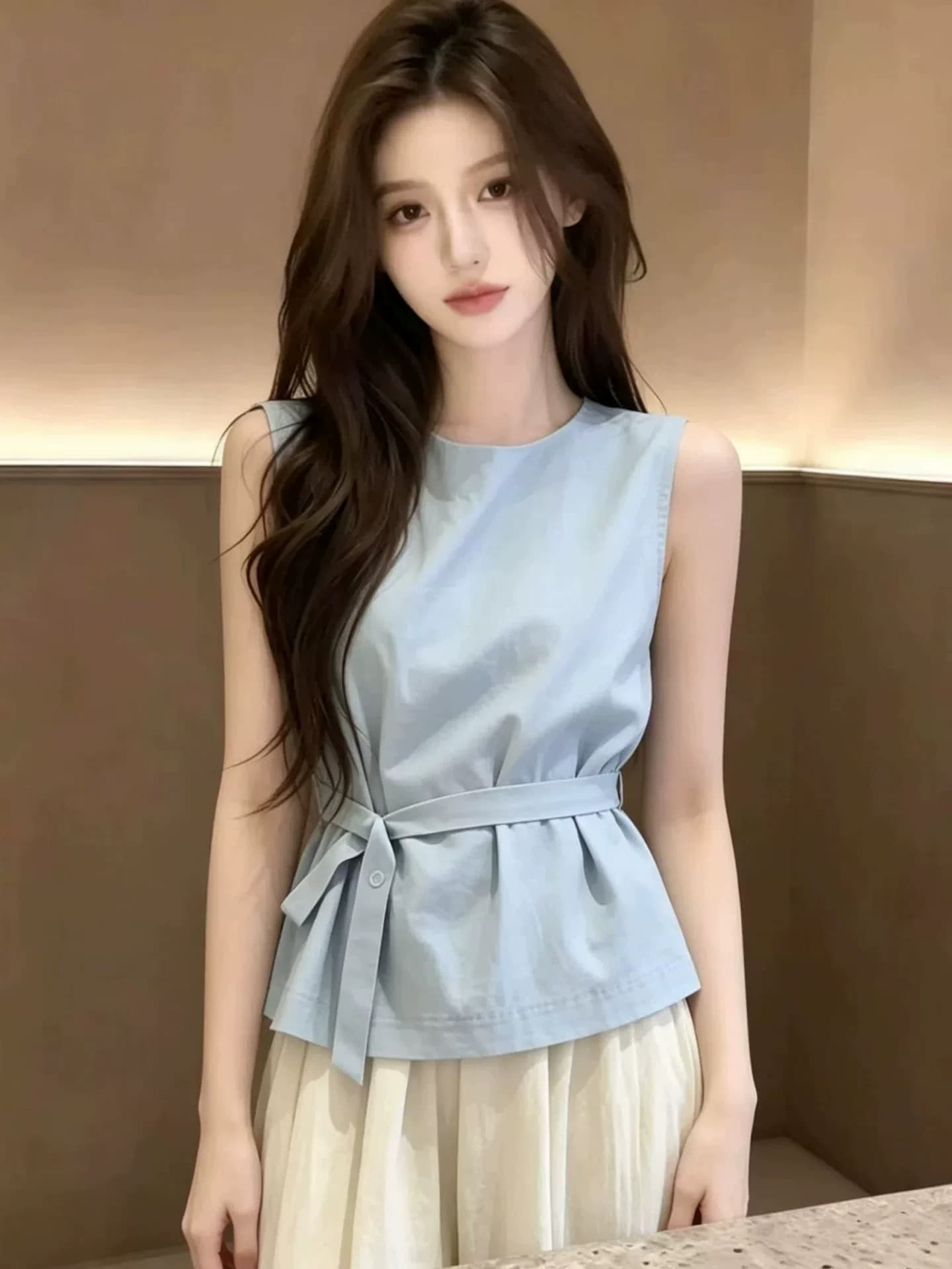디자인 센스 스트랩 민소매 아마 셔츠 여자 2026 새로운 여름 그레이트 봐라. 프랑스식 사소한 Chic 맨위 이미지 3