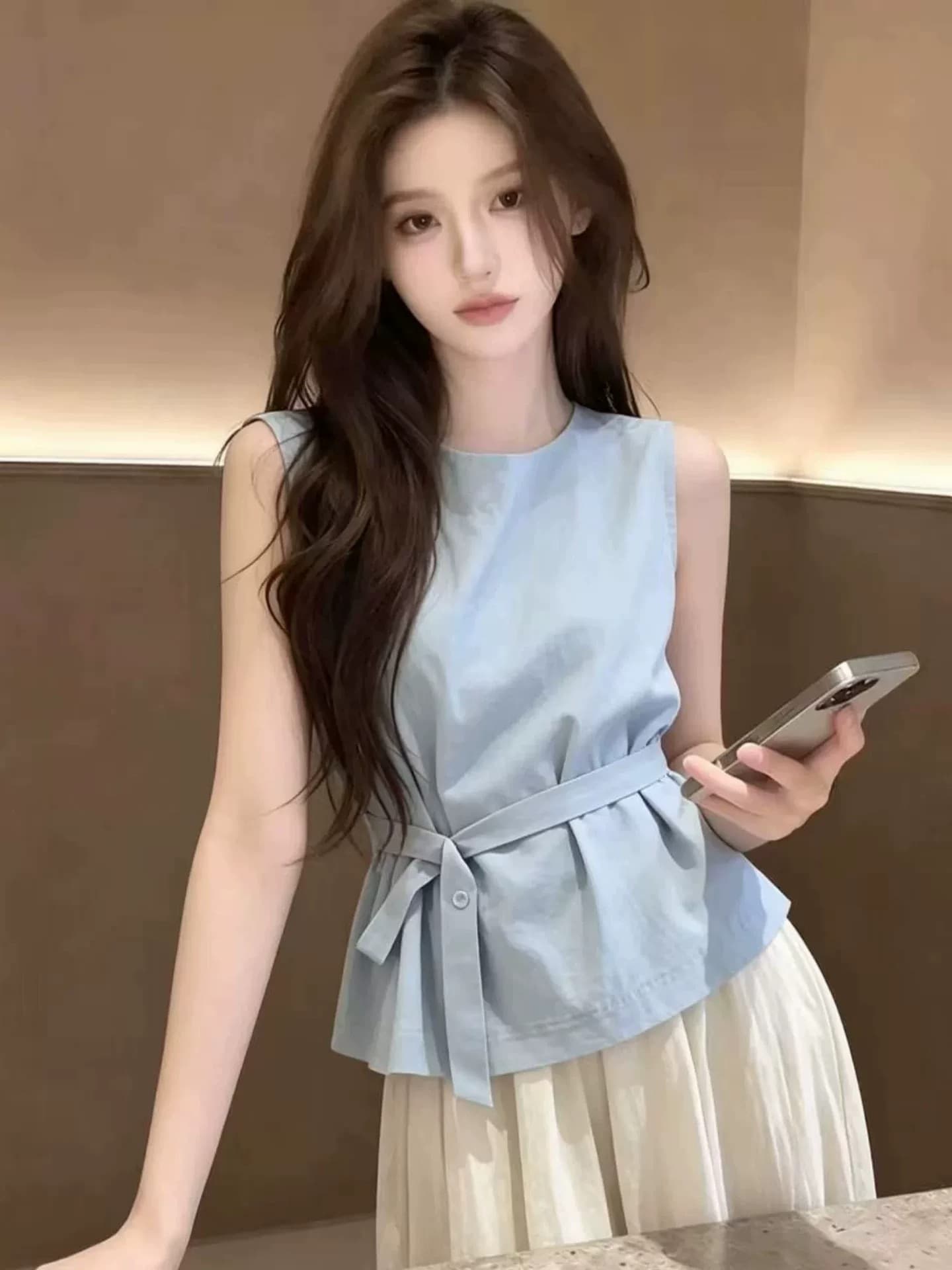 디자인 센스 스트랩 민소매 아마 셔츠 여자 2026 새로운 여름 그레이트 봐라. 프랑스식 사소한 Chic 맨위 상세 이미지 2
