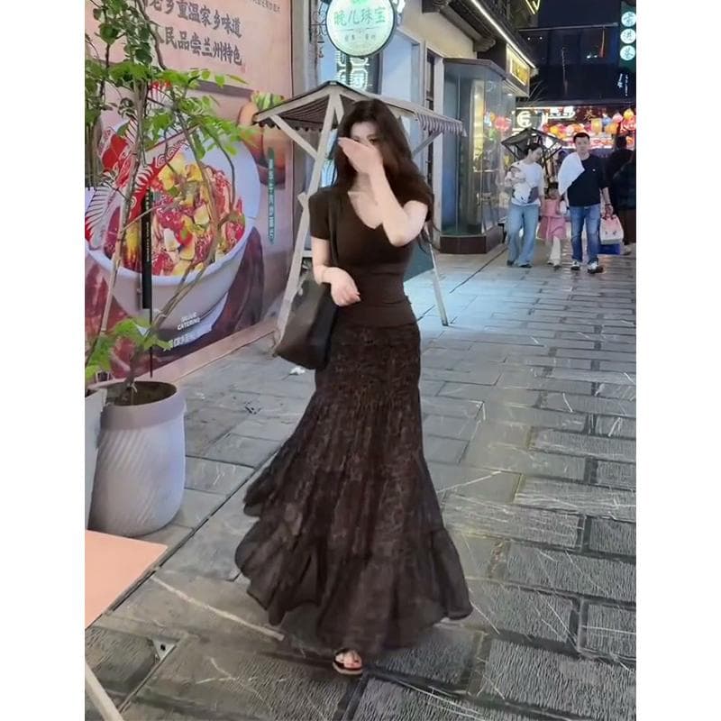 2026 여름 새로운 한 부서 착용 가져 가라. u 칼라 몸매 가꾸기 반팔 맨위 품격 하이웨이스트 슬림해 보이는 디자인 센스 반신 스커트 상세 이미지 3