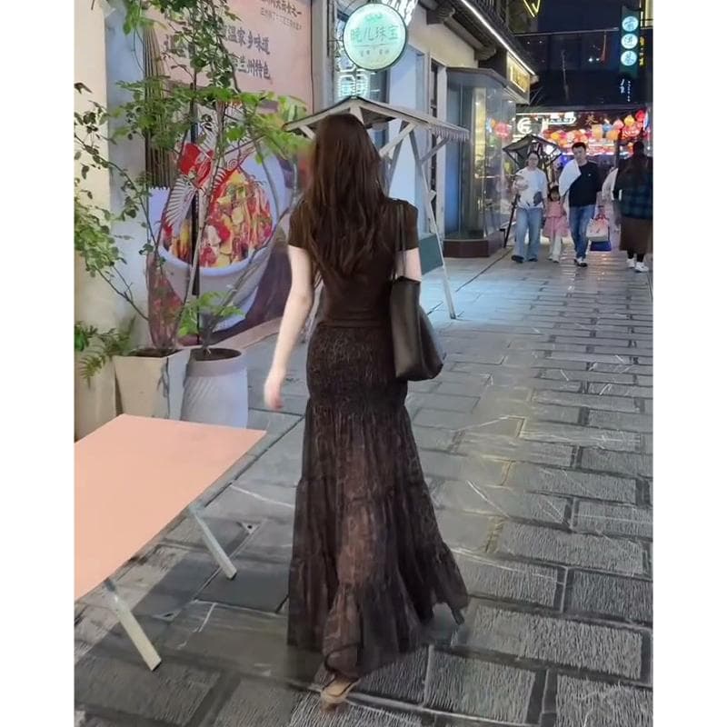 2026 여름 새로운 한 부서 착용 가져 가라. u 칼라 몸매 가꾸기 반팔 맨위 품격 하이웨이스트 슬림해 보이는 디자인 센스 반신 스커트 상세 이미지 4