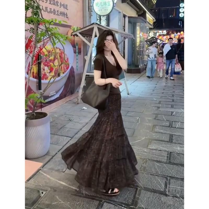 2026 여름 새로운 한 부서 착용 가져 가라. u 칼라 몸매 가꾸기 반팔 맨위 품격 하이웨이스트 슬림해 보이는 디자인 센스 반신 스커트 상세 이미지 6