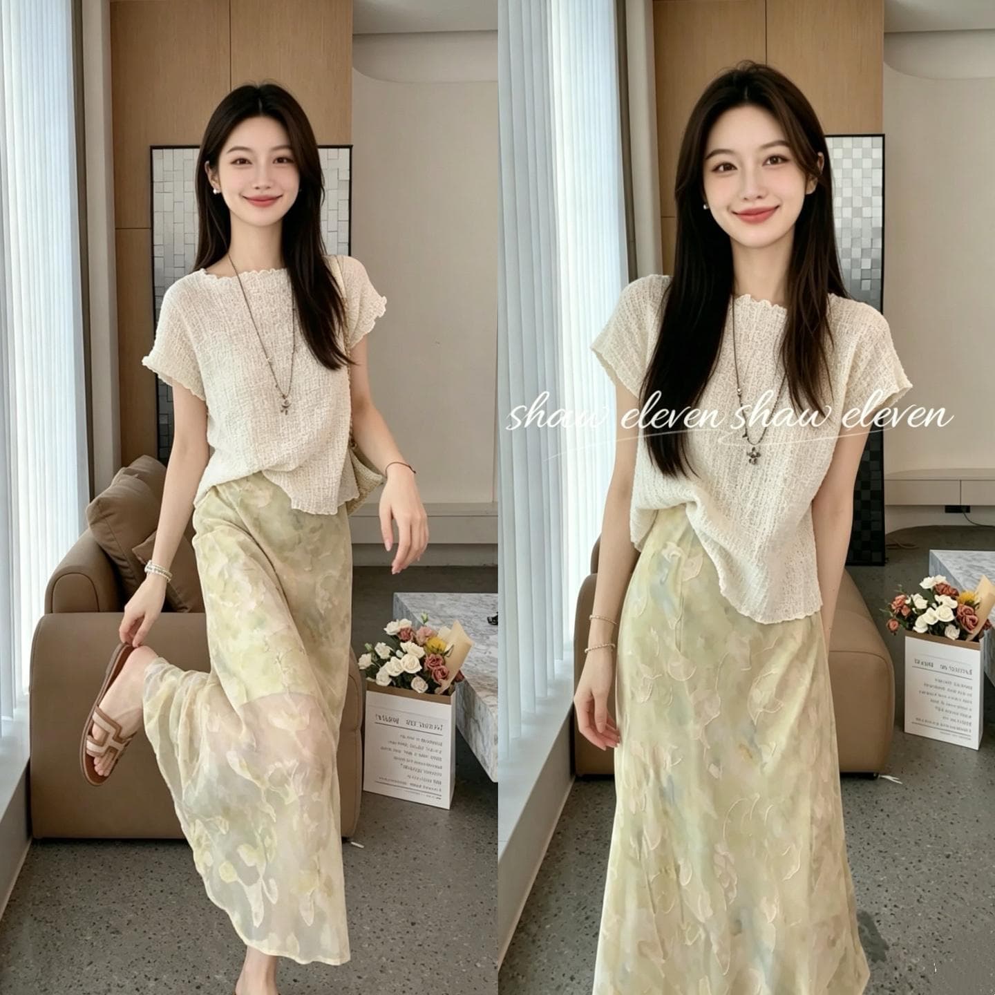 여름 부드러운 부서 착용 가져 가라. 전체 집합 2026 새로운 프릴 디자인 반팔 맨위 슬림해 보이는 반신 치마 세트 이미지 2