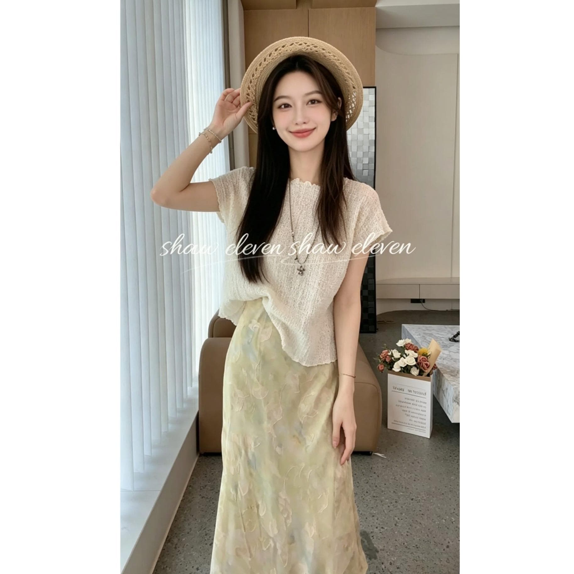 여름 부드러운 부서 착용 가져 가라. 전체 집합 2026 새로운 프릴 디자인 반팔 맨위 슬림해 보이는 반신 치마 세트 상세 이미지 4