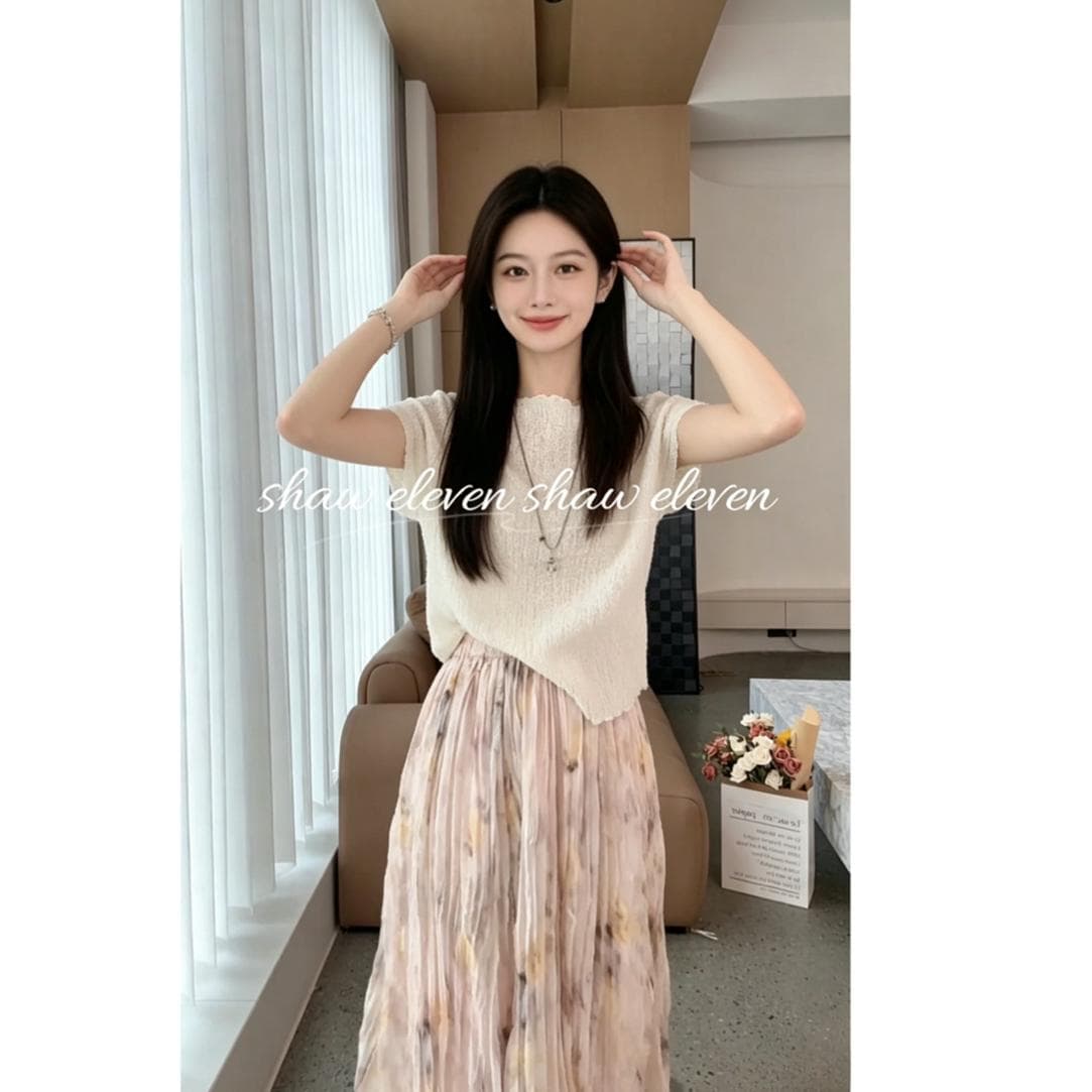 한 부서 분위기 센스 착용 가져 가라. 여름 2026 새로운 프랑스식 부드러운 바람 반팔 맨위 하이웨이스트 반신 스커트 투피스 세트 이미지 2