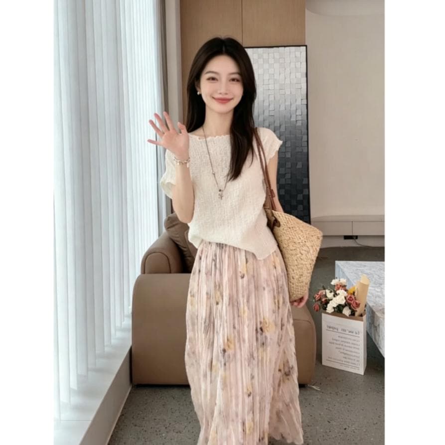 한 부서 분위기 센스 착용 가져 가라. 여름 2026 새로운 프랑스식 부드러운 바람 반팔 맨위 하이웨이스트 반신 스커트 투피스 세트 상세 이미지 5