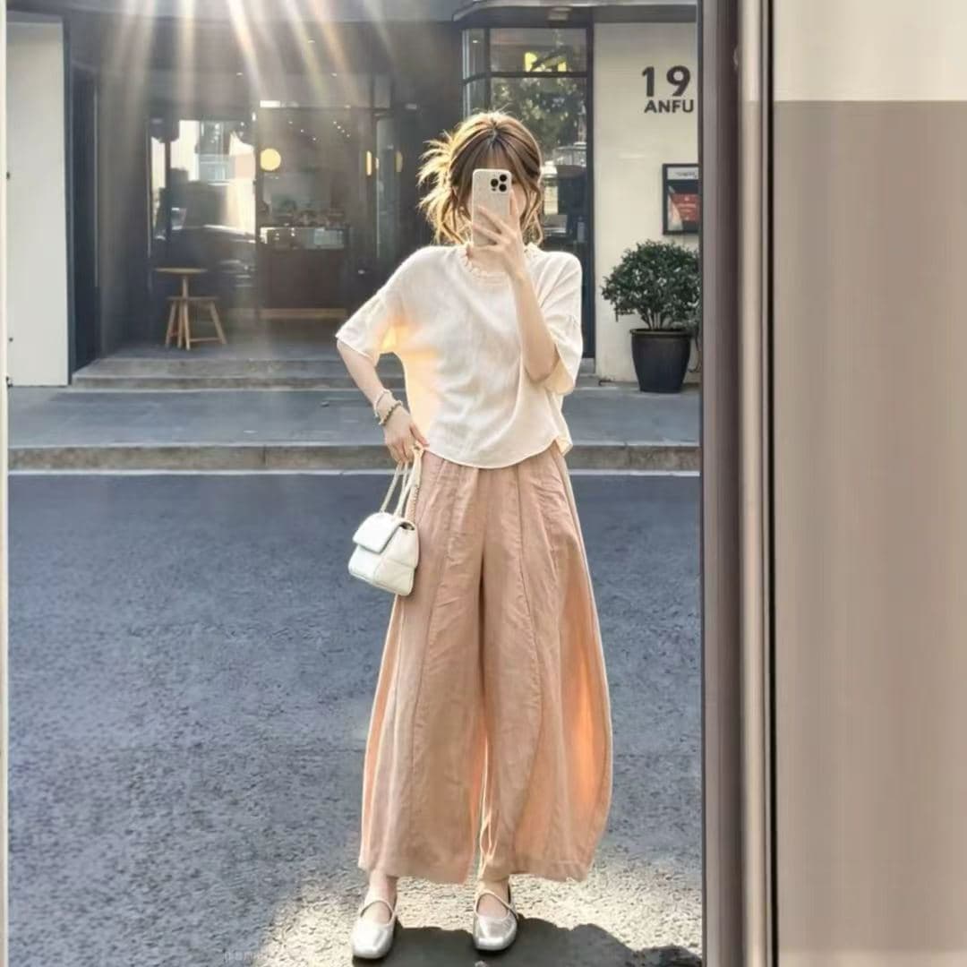 고유 한 아름다운 전체 집합 여름 드레스 외국 가스 연령 감소 프릴 맨위 다용도 랜턴 와이드 레그 팬츠 투피스 슈트 여성 이미지 5