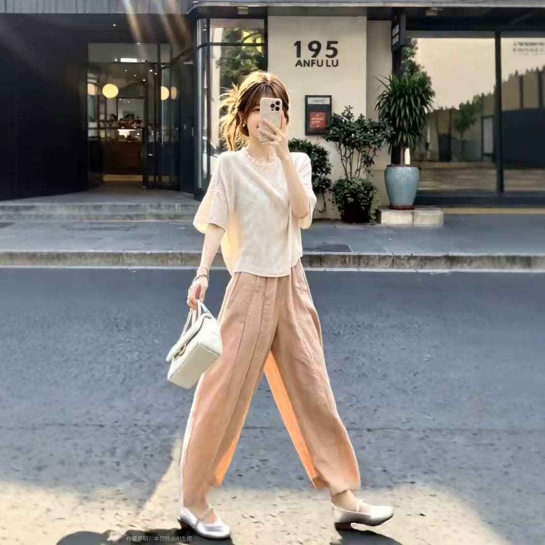 고유 한 아름다운 전체 집합 여름 드레스 외국 가스 연령 감소 프릴 맨위 다용도 랜턴 와이드 레그 팬츠 투피스 슈트 여성 상세 이미지 3