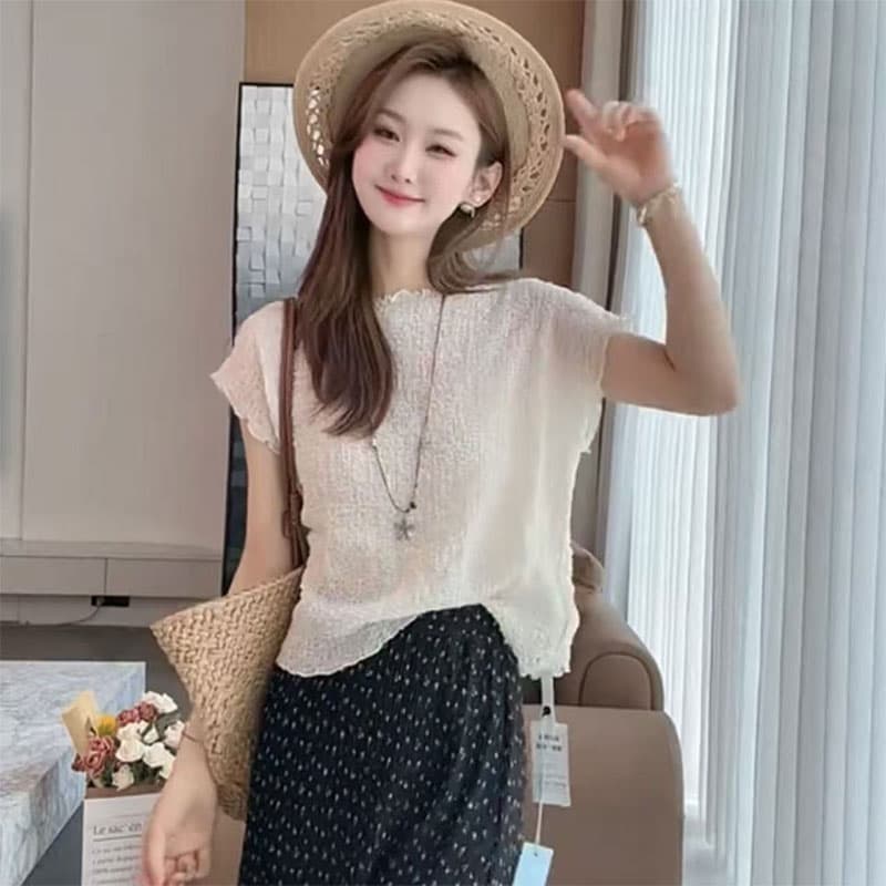 shaweleven 미니멀리즘 주름 여름 새로운 질감 센스 다용도 반팔 티셔츠 여성 의류 이미지 4