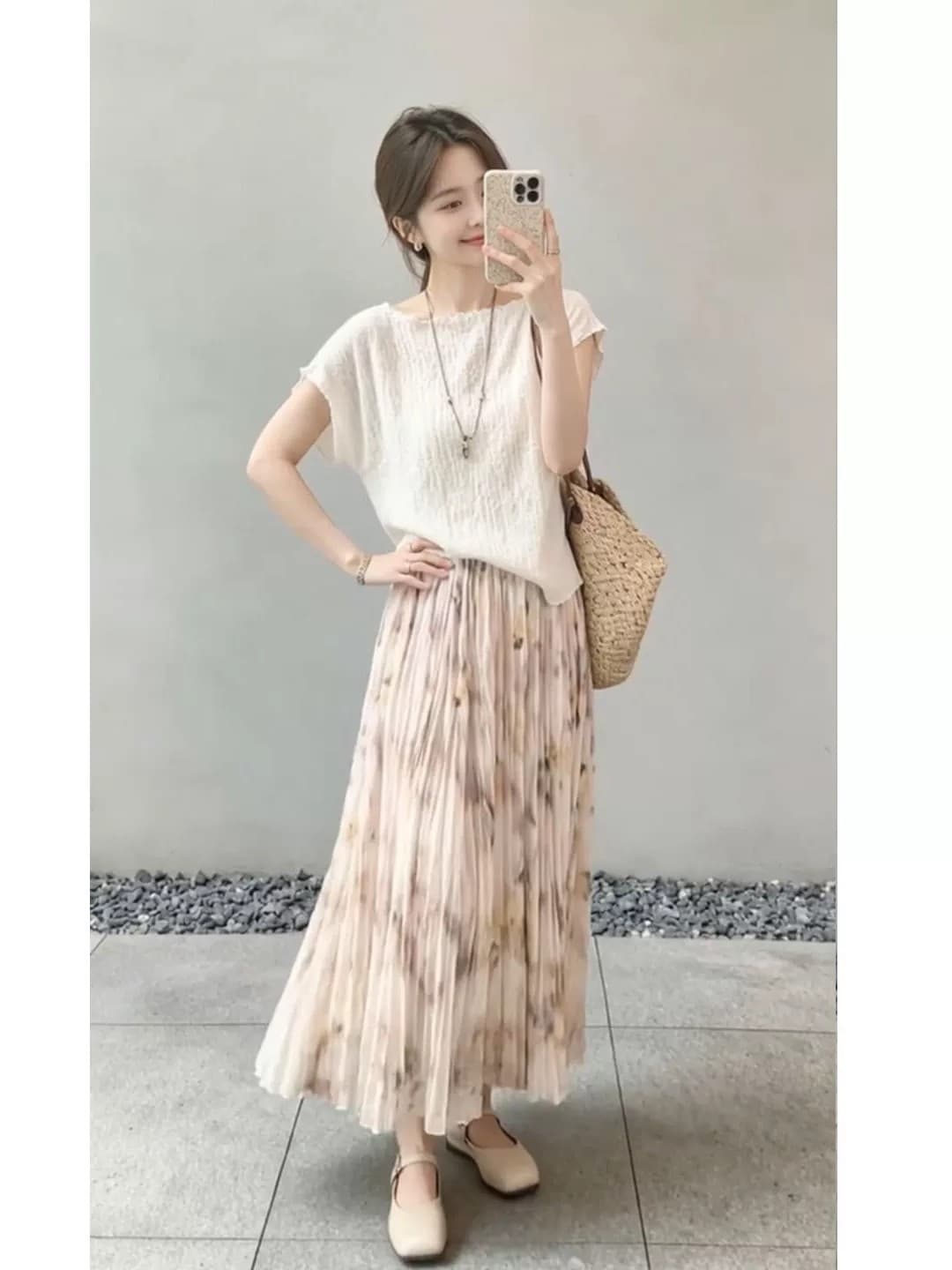 한 부서 chic Chic 질감 센스 반팔 티셔츠 슬림해 보이는 부드러운 바람 품격 달콤함 꽃무늬 반신 치마 세트 여성 이미지 5