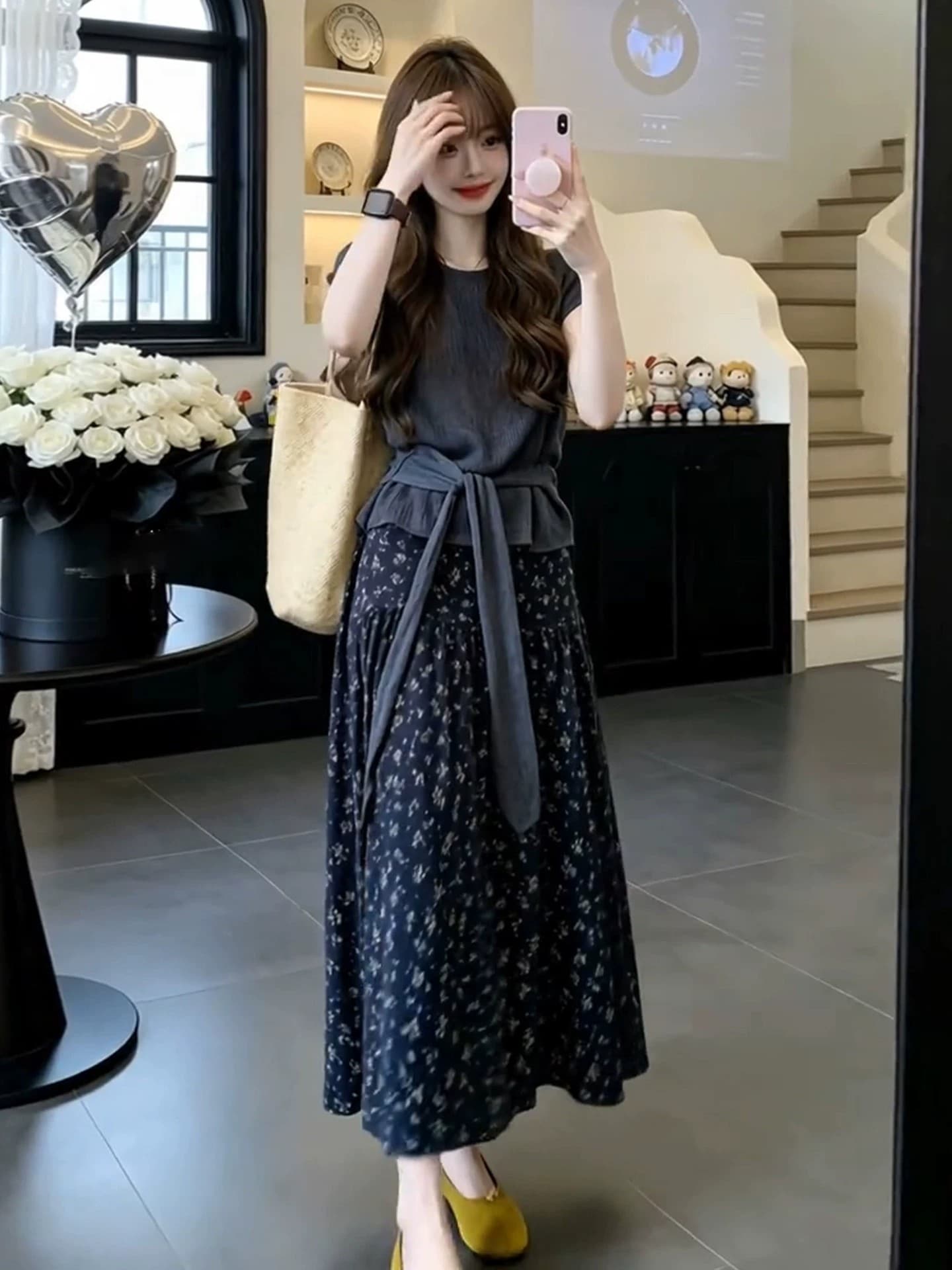 한 부서 자이언트 잘 생긴 ootd 착용 가져 가라. 전체 집합 2026 새로운 꽃무늬 여성 드레스 여름 롱 스커트 투피스 슈트 이미지 5
