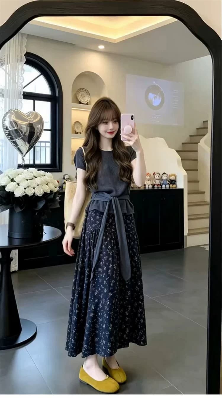 한 부서 자이언트 잘 생긴 ootd 착용 가져 가라. 전체 집합 2026 새로운 꽃무늬 여성 드레스 여름 롱 스커트 투피스 슈트 상세 이미지 4