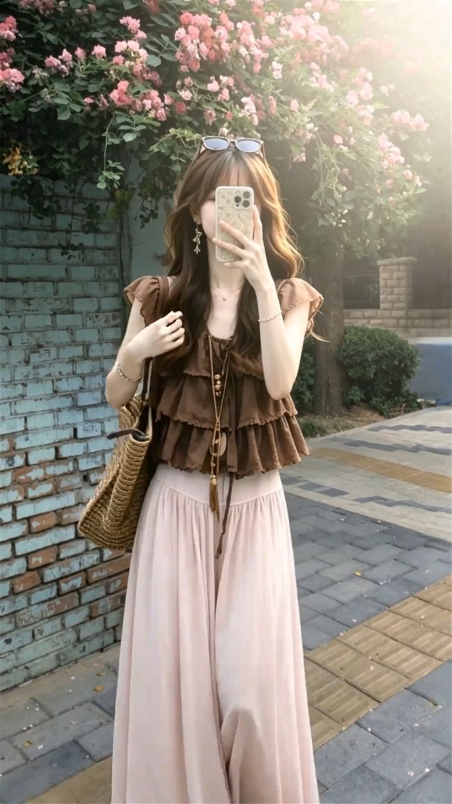 작은 날다 소매 커피 색상 맨위 코디 핑크색 쉬폰 와이드 레그 팬츠 치마 투피스 세트 자이언트 잘 생긴 초여름 착용 가져 가라. 전체 집합 상세 이미지 9