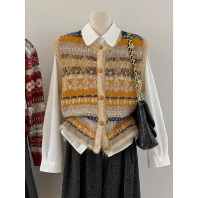 한 부서 레트로 자카드 공정한 섬 조끼 여자 가을 자이언트 잘 생긴 스택 착용 작은 키 니트 조끼 민소매 맨위 이미지 2