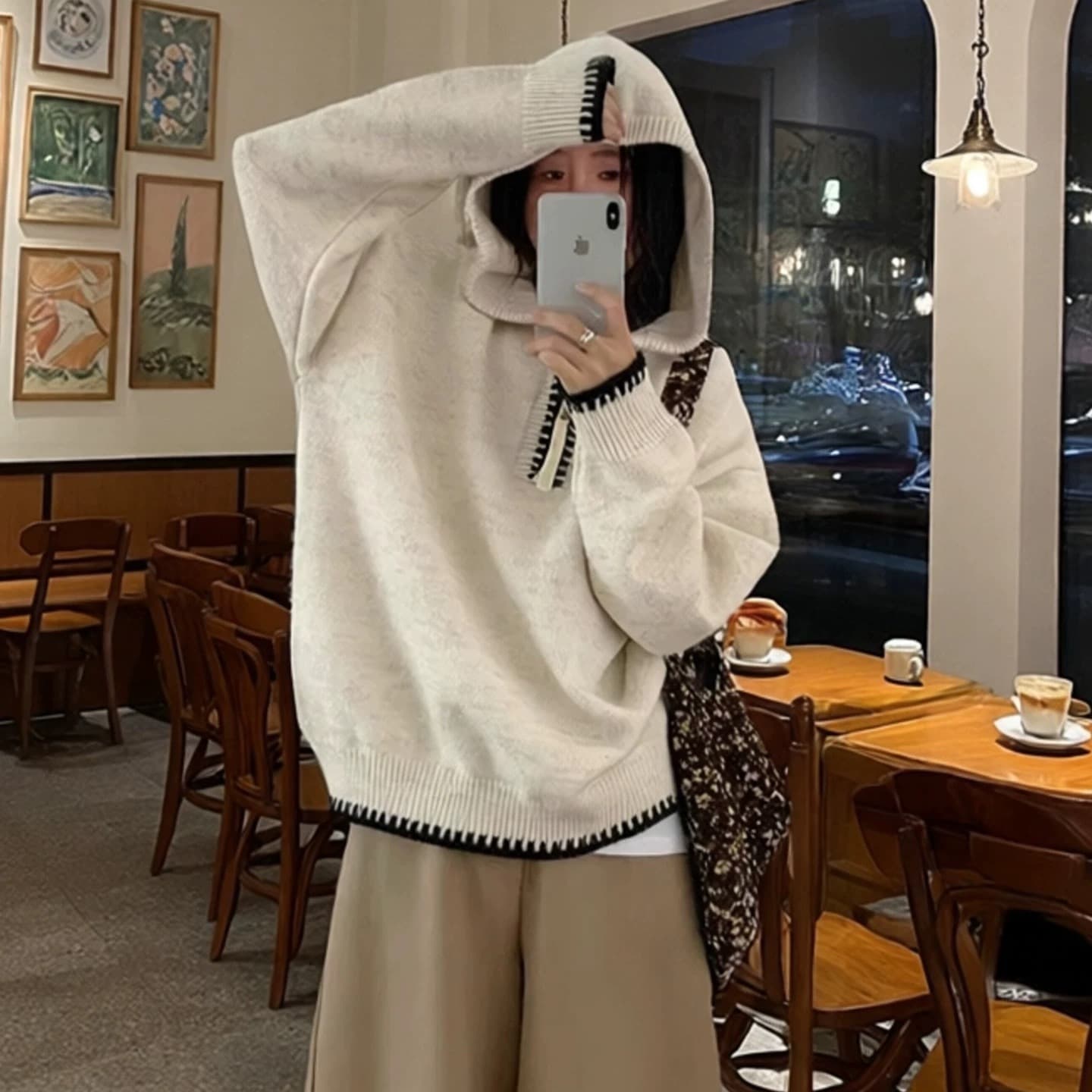 한 부서 자이언트 잘 생긴 하프 지퍼 후드 니트 후드티 여성 가을 겨울 느긋한 와이드 부드러운 찹쌀 풀오버 맨위 두꺼움 이미지 5