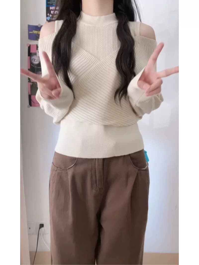 고급 센스 살구 색상 오프숄더 니트 스웨터 여성 이른 가을 맨위 고유 한 슈퍼 잘 생긴 ~ 중 봄 가을 외국 가스 인사이드 가져 가라. 기본 셔츠 상세 이미지 6