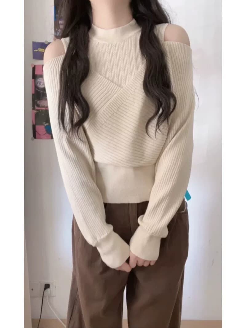 고급 센스 살구 색상 오프숄더 니트 스웨터 여성 이른 가을 맨위 고유 한 슈퍼 잘 생긴 ~ 중 봄 가을 외국 가스 인사이드 가져 가라. 기본 셔츠 상세 이미지 13