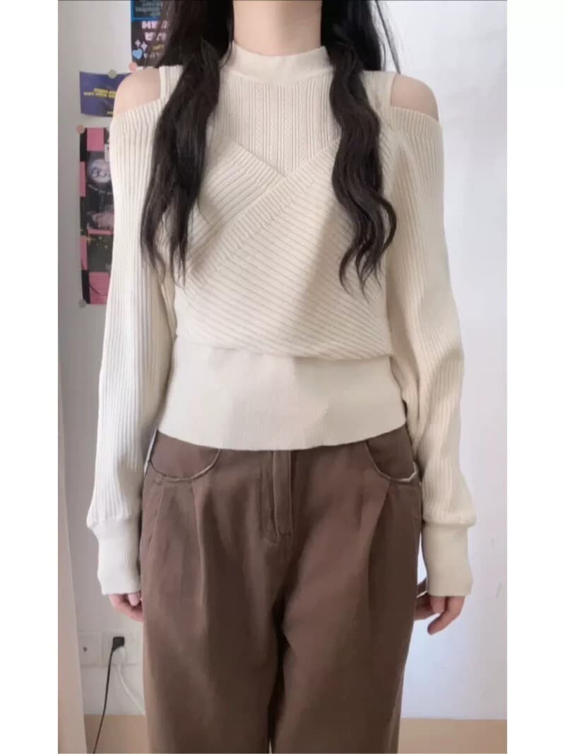 고급 센스 살구 색상 오프숄더 니트 스웨터 여성 이른 가을 맨위 고유 한 슈퍼 잘 생긴 ~ 중 봄 가을 외국 가스 인사이드 가져 가라. 기본 셔츠 상세 이미지 14