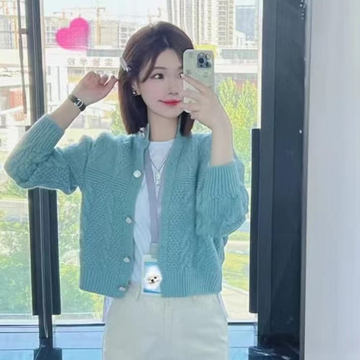 파란색 쇼트 스타일 스웨터 여성 코트 이른 가을 외출용 작은 키 우유 달콤한 외국 가스 연령 감소 플러스 두껍고 부드러운 찹쌀 니트 오픈 가디건 상세 이미지 6