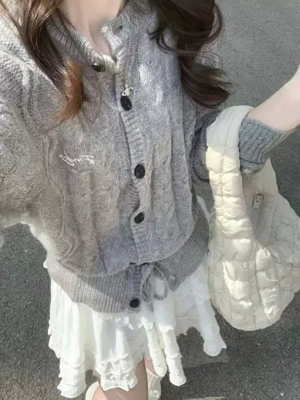 한 부서 디자인 센스 회색 품격 오픈 가디건 여성 이른 가을 새로운 밑단 펌프 로프 니트 재킷 다용도 chic 맨위 상세 이미지 4