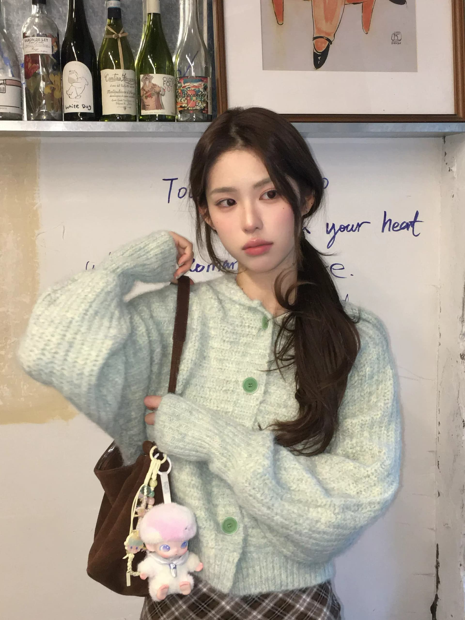 가을 겨울 후드 녹색 스웨터 오픈 가디건 여성 코트 수 있습니다. 외출용 인사이드 가져 가라. 루즈핏 느긋한 바람 슈퍼 잘 생긴 니트 맨위 상세 이미지 10