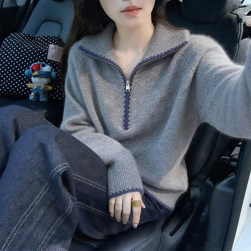 고급 센스 느긋한 바람 하프 지퍼 니트 스웨터 여자 2026 봄 가을 작은 샤넬 스타일 고급 절묘한 부드러운 찹쌀 기본 셔츠 이미지 6