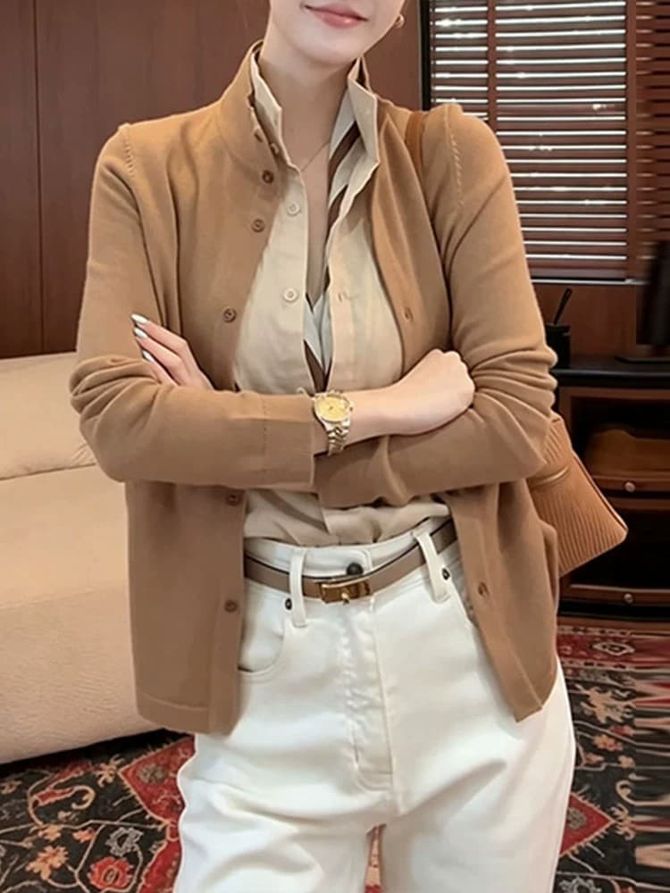 오래된 돈 바람 니트 오픈 가디건 여성 2026 가을 새로운 폴로 칼라 페이크 레이어드 패치워크 배색 단추 긴팔 슬림해 보이는 맨위 이미지 5