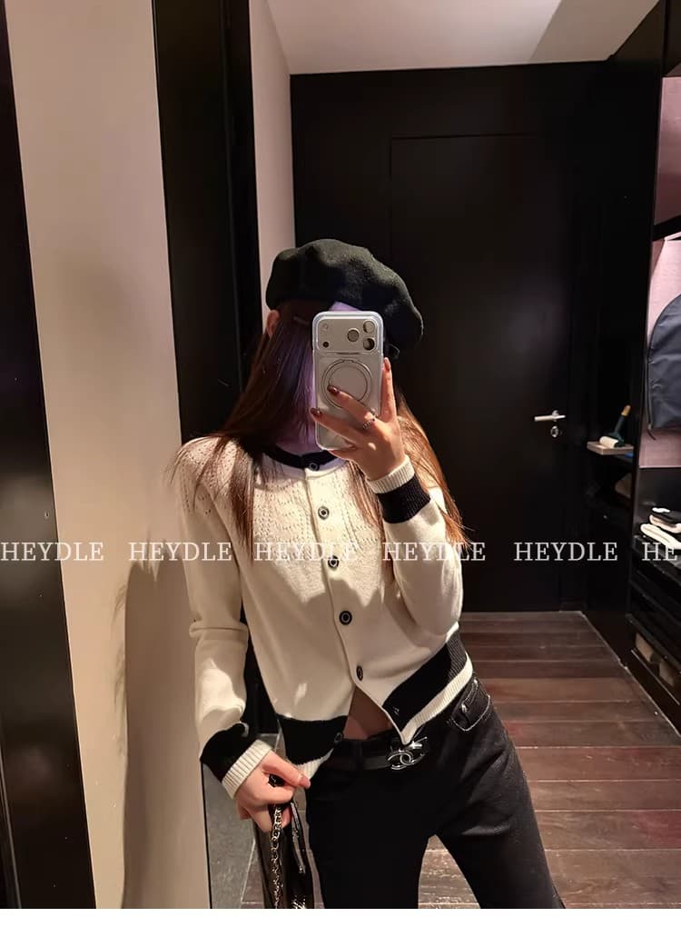 검은 콩 흠 초기 만남 순간 디자인 센스 홀로우 아웃 니트 오픈 가디건 흑인과 백인 패치워크 색상 품격 쇼트 스타일 스웨터 코트 상세 이미지 10