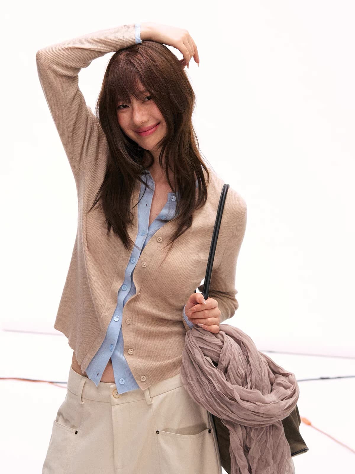 im ~까지 세련된 스택 음악 한 부서 계층의 감각 몸매 가꾸기 맨위 여성 페이크 레이어드 패치워크 색상 양모 니트 오픈 가디건 상세 이미지 6