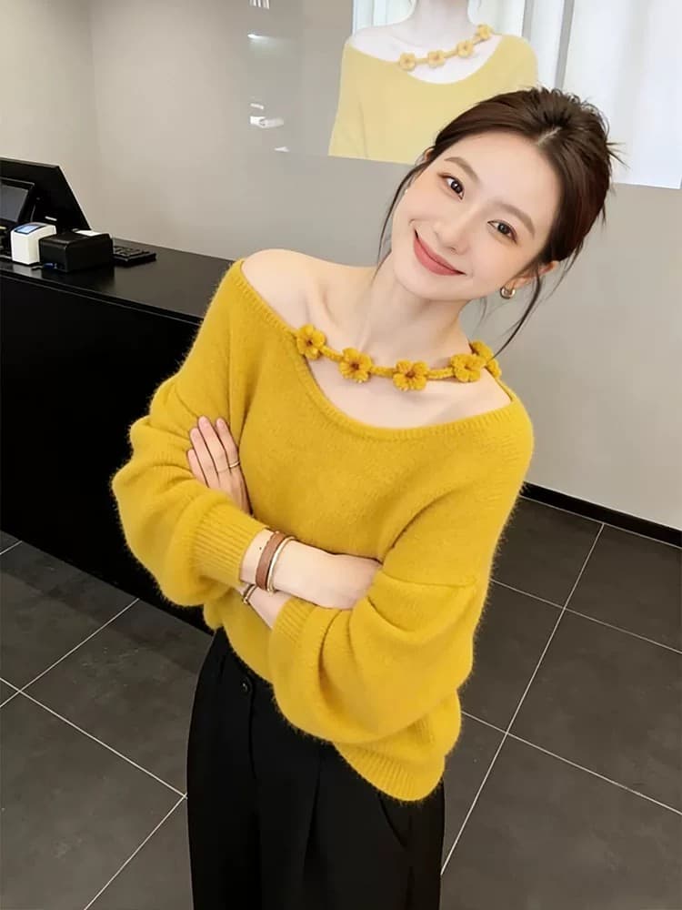 한 부서 황색 꽃 비스듬한 칼라 오프숄더 스웨터 기본 셔츠 여성 가을 겨울 수 있습니다. 외출용 인사이드 가져 가라. 두꺼운 니트 스웨터 맨위 이미지 5